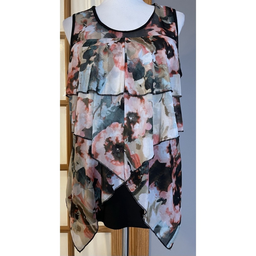 Susan Lawrence Floral Chiffon Layered Blouse Sz L Peach Black Boho Cottagecore